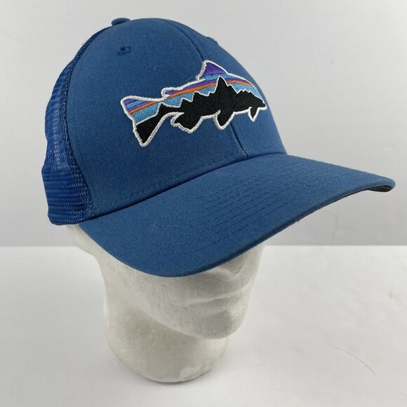 Patagonia Trucker Hat Fitz Roy Trout Adult Snapback Blue Canvas Mesh Cotton - Picture 1 of 9